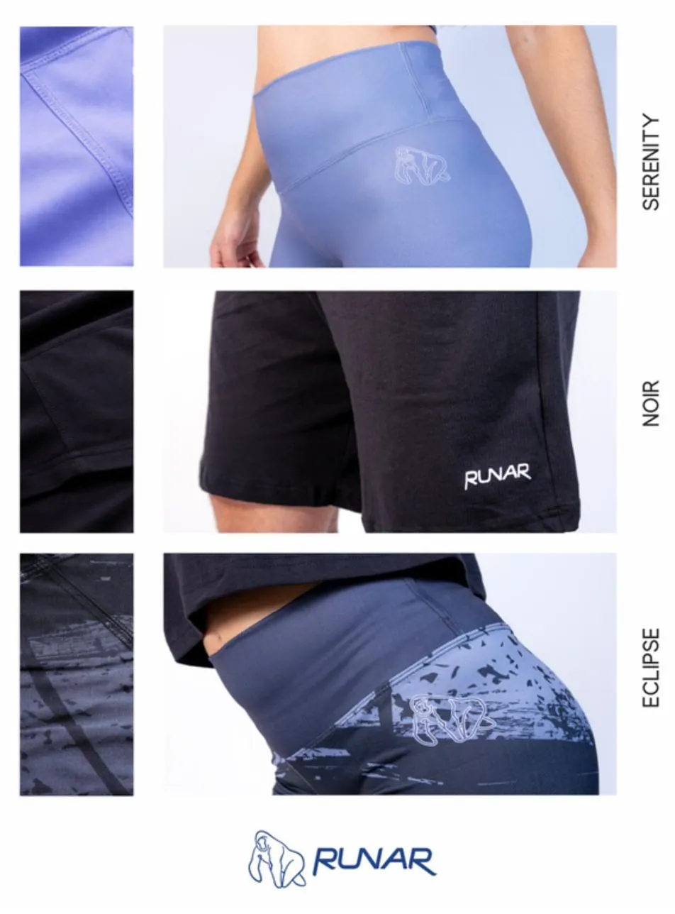 Detail of three colourways of recycled cotton shorts and leggings