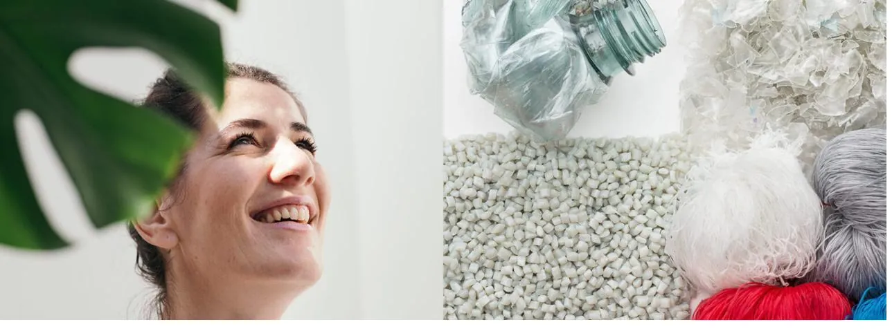 PET bottles, flakes and resin pellets ready to be spun into yarn