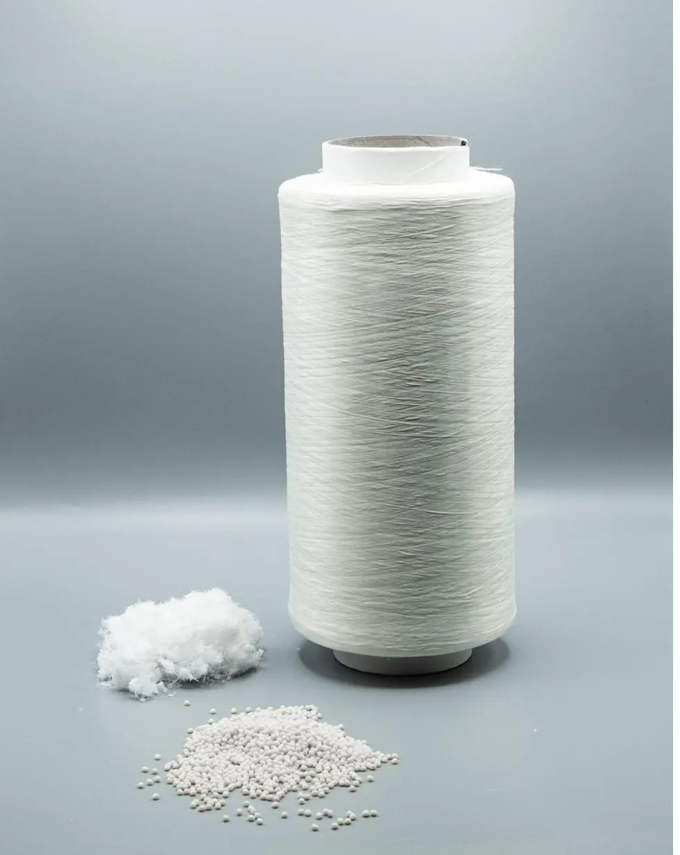 Cone of recycled DTY polyester yarn with fibre and resin pellets